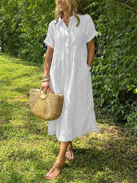 Loose Striped Short Sleeve Casual Cotton And Linen Dress