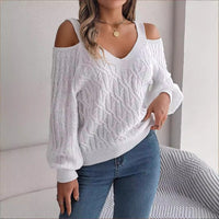 Off-Shoulder Lantern Sleeve Sweater – Solid Color Autumn Winter Knit Top