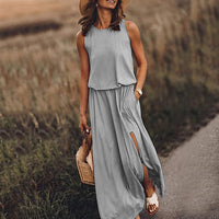 Women's Maxi Dress Summer Sleeveless Crewneck Sundress Casual Loose Long Dresses With Pockets
