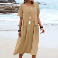 Women's Summer Loose Casual Midi Dress Breathable Cotton Linen Short-sleeve Mid-length Dresses Women Simple Beach Dress