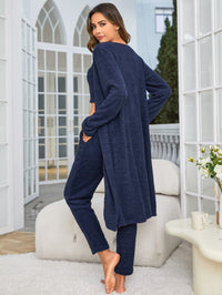 Women's Fuzzy 3 Piece Sweatsuit Open Front Cardigan Crop Tank Tops Wide Legs Pants Lounge Sets