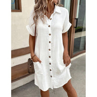Summer Simplicity V-neck Buttons Cotton Linen Women's Shirt Dress