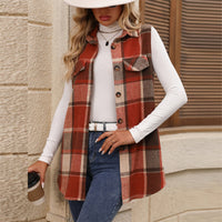 Women's Plaid Print Vest With Lapel Collar Long Sleeveless Button Front Mid-Length Jacket For Spring And Fall Layering