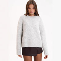 Short-length Gray Pullover Women's Alpaca Round Neck Sweater