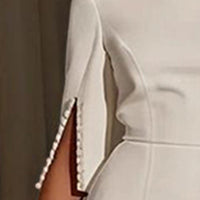 Women's Solid Color Pearl-Embellished Round Neck Dress - Elegant Back Zipper & Slit Sleeve Formal Dress