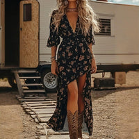 Women's V-Neck Western Floral Print Dress - Spring Summer Ruffled Hem A-Line Dress With Bohemian Style