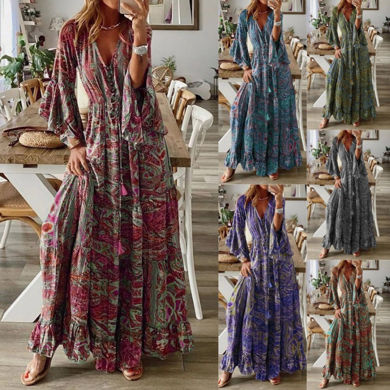 Bohemian Flare Sleeve Printed V-neck High Waist Holiday Dress Floral Female Dress