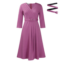 Women's Elegant V-Neck Cross-Wrap A-Line Dress With Belt & Ruffled Hem - Office & Casual Solid Dress For Spring&Summer
