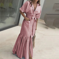 Women's Summer Casual Striped Button Down Maxi Dress Tie Waist Short Sleeve Shirt Dress With Pockets