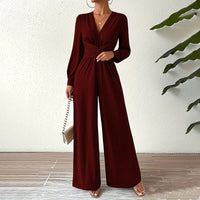 Elegant Cross V-Neck Belted Jumpsuit – Long Sleeve Wide-Leg Pantsuit