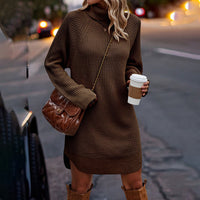Women's Turtleneck Sweater Dress, Fall Long Sleeve Knit Pullover Mini Dress, Casual Short Sweater Dresses