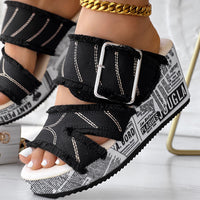 Newspaper Hem Platform Wedge Slides - Anklet Not Included