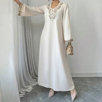 Women's Middle Eastern Embroidered Maxi Dress - Round Neck Long Sleeve Flowy Kaftan With Exquisite Embroidery, Loose Fit