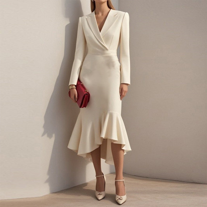 Women's Solid Color Notch Lapel Mermaid Dress Bodycon Office Dress With Asymmetrical Hem For Formal Events
