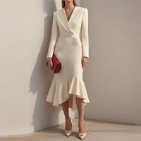 Women's Solid Color Notch Lapel Mermaid Dress Bodycon Office Dress With Asymmetrical Hem For Formal Events