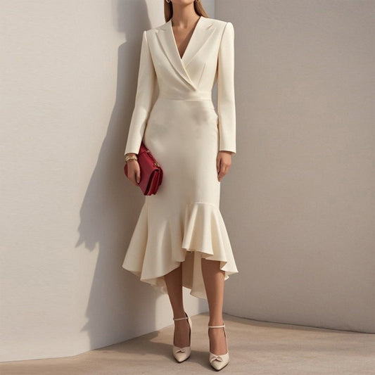 Women's Solid Color Notch Lapel Mermaid Dress Bodycon Office Dress With Asymmetrical Hem For Formal Events