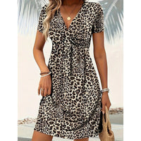 Women's Vibrant Leopard Print Twist Front V Neck Casual Summer Short Sleeve Bodycon Mini Dresses