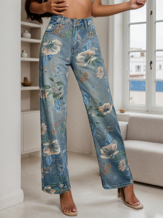 2025 New Women's Fashion Printed Jeans, Straight Leg Loose Wide Leg Pants, Suitable For A Variety Of Wear, Spring Summer Autumn Clothing, Women's Wear