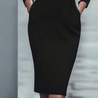 Women's Black Long Sleeve V-Collar Bodycon Dress With Belt Detail & Pockets - Formal Midi Dress For Fall Spring