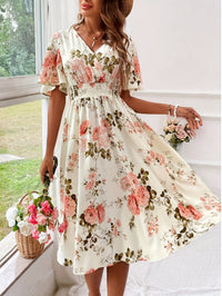 Ladies New Plant Flower Print Belt Smocking Dress