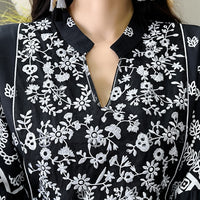 Women's Bohemian Embroidery V-neck Dress, Elegant 3 4 Sleeve A-line Swing Maxi Dress