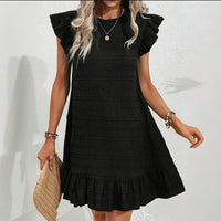 Womens Plus Size Round Neck Solid Dress Falbala Sleeveless Ruffled Summer Dress With Pleated Detail