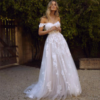 Off-Shoulder Lace Wedding Gown – A-Line Princess Bridal Dress with Appliqué Details