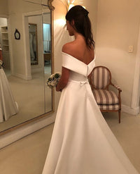 Simple Satin A-Line Wedding Dress – Off-Shoulder Bridal Gown with Sweep Train