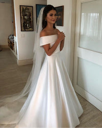 Simple Satin A-Line Wedding Dress – Off-Shoulder Bridal Gown with Sweep Train