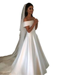 Simple Satin A-Line Wedding Dress – Off-Shoulder Bridal Gown with Sweep Train