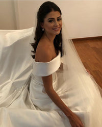 Simple Satin A-Line Wedding Dress – Off-Shoulder Bridal Gown with Sweep Train