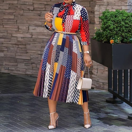 Oversized Nine-Sleeve Sleeve Pleated Printed Dress