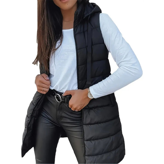 Women's Solid Color Sleeveless Hooded Vest, Mid-Length Zip-Front Waistcoat With Pockets For Spring And Fall Layering