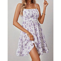 Womens Summer Floral Print Smocked Mini Dress Sleeveless Spaghetti Strap Slim Fit Flowy Dresses