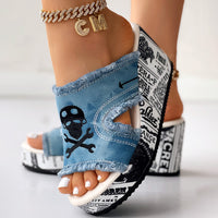 Newspaper Skull Original Hem Platform Wedge Slides - Anklet Not Included