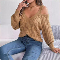 Off-Shoulder Lantern Sleeve Sweater – Solid Color Autumn Winter Knit Top
