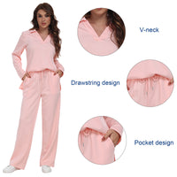 RONGTAI 2 Piece Outfits Sweatsuit For Women Casual Long Sleeve V Neck Pullover Tracksuit Solid Soft Comfy Tracksuits Set