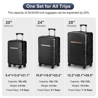 3-in-1 Expandable PC+ABS Trolley Luggage Set with TSA Lock – Black