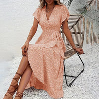 Women's Summer Floral Boho Dress Wrap V Neck Short Sleeve Ruffle A-Line Flowy Maxi Dresses