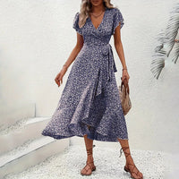 Women's Summer Floral Boho Dress Wrap V Neck Short Sleeve Ruffle A-Line Flowy Maxi Dresses