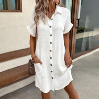 Women's Dress Summer Casual Collar Button Down Short Sleeve Tunic Shirt Dress With Pockets