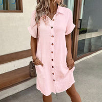 Women's Dress Summer Casual Collar Button Down Short Sleeve Tunic Shirt Dress With Pockets