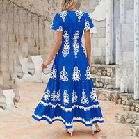 Womens Summer Casual V Neck Boho Maxi Dress Flowy Aline Bell Sleeve Tiered Floral Dresses With Pocket