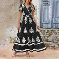 Womens Summer Casual V Neck Boho Maxi Dress Flowy Aline Bell Sleeve Tiered Floral Dresses With Pocket