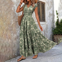 Women's Sexy V-Neck Short Sleeve Maxi Dress Summer Prints And Flowy Big Hem Beach Dresses