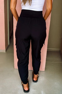 Black Elastic High Waist Pocketed Cargo Jogger Pants