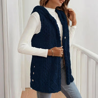 Women's Textured Sleeveless Hooded Vest, Button-Front Layering Piece For Fall & Winter Outfits
