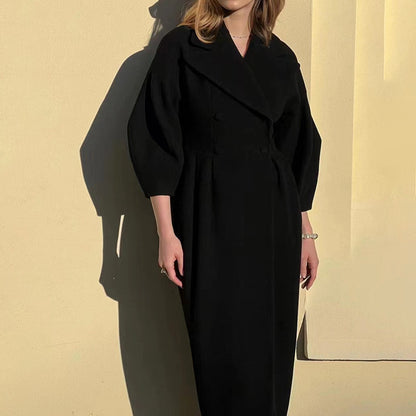Women's Classic Winter Long Coat, Double-Breasted Belted Trench With Wide Lapel, Solid Color Oversized Overcoat For Casual Style