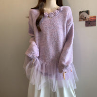 Plus Size Women's Floral Lace Trim Sweater, Long Sleeve Eyelet Knit Top With Decorative Flowers For Autumn And Winter