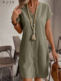 Solid Notched Button Front Batwing Sleeve Shirt Dress